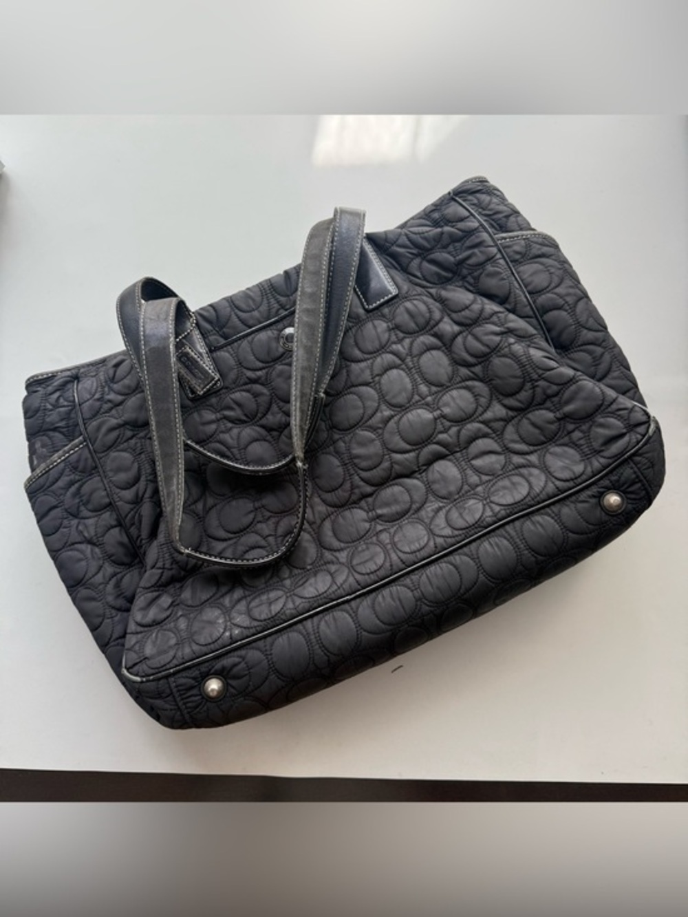 Coach Quilted Signature C Tote Diaper Bag Black Nylon Leather Trim